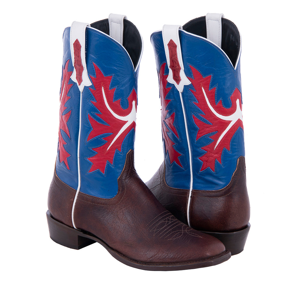 Men's Cowboy 12" Mocha Bison Red White Fern Inlay