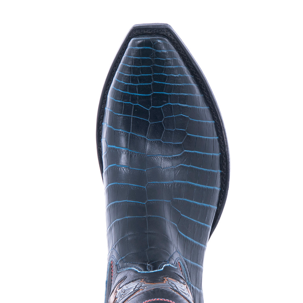 Men's Cowboy 12-2.5 Two Tone Navy Nile - Black Aniline w/ Tooled Inlay Cross Pistol Stitch Pattern