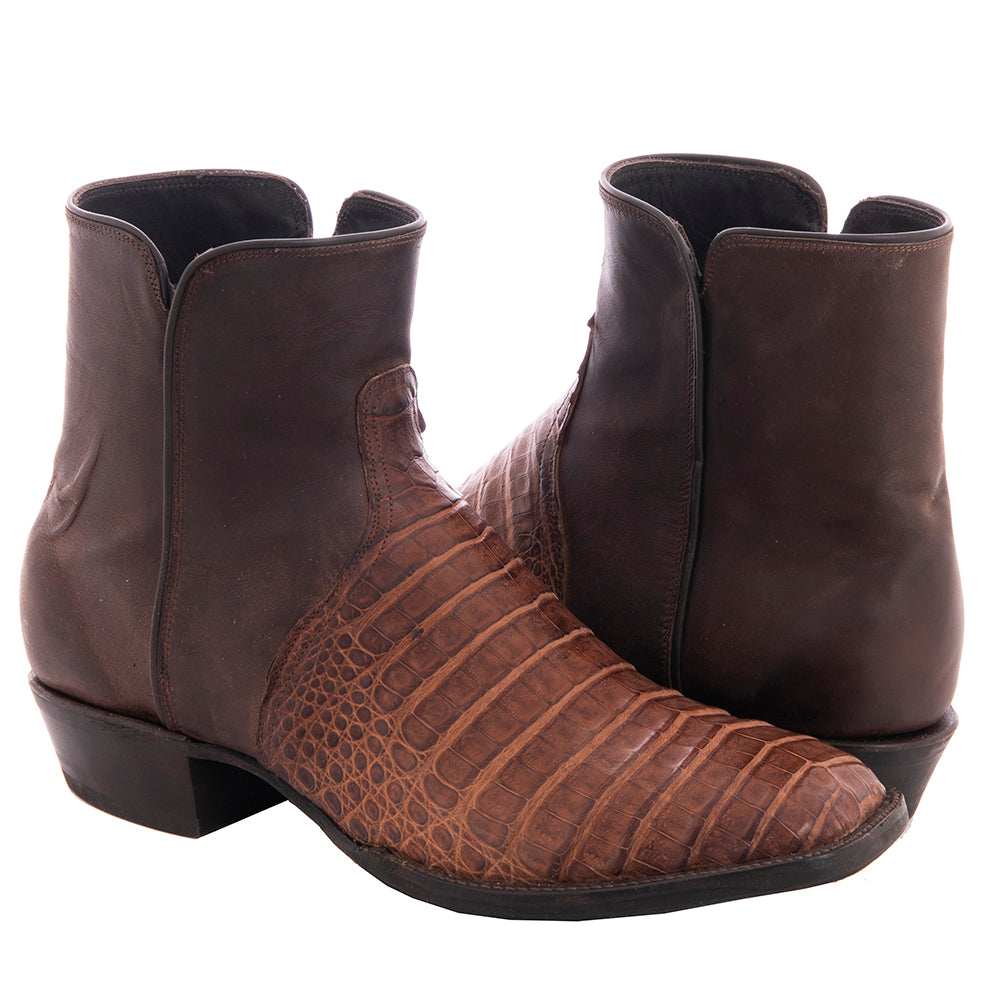 Men’s Cigar Caiman Crocodile & Tobac Goat Short Zip Boots with Mini Vibram Sole