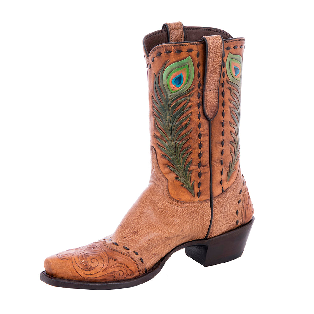 Ladies 10" Cowboy Brandy Smooth Ostrich Antique Brown Full Floral Tooled Upper Full Buckstitch