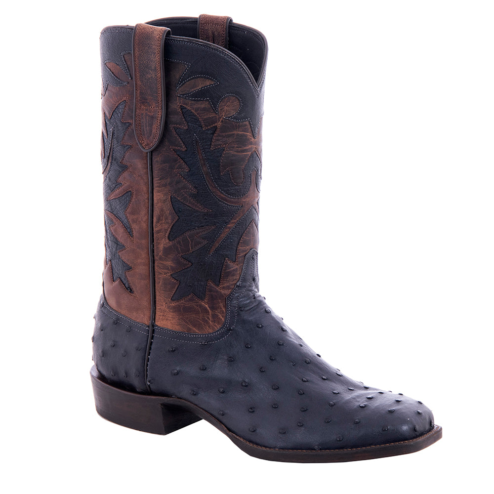 Men's Cowboy 12-2 Navy CC FQ Ostrich/Canella Goat Fern Inlay Spur Lip