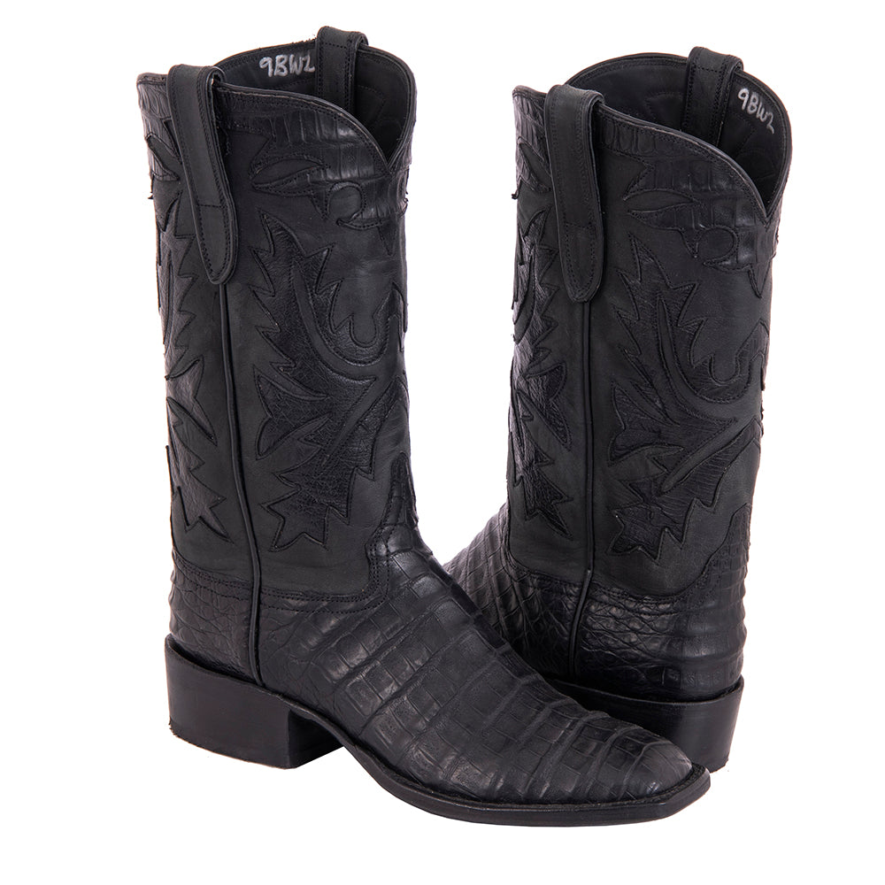 Ladies Cowboy 12-2 Black Caiman Croc Pullup/Black Mad Dog Goat Fern Inlay Spur Lip