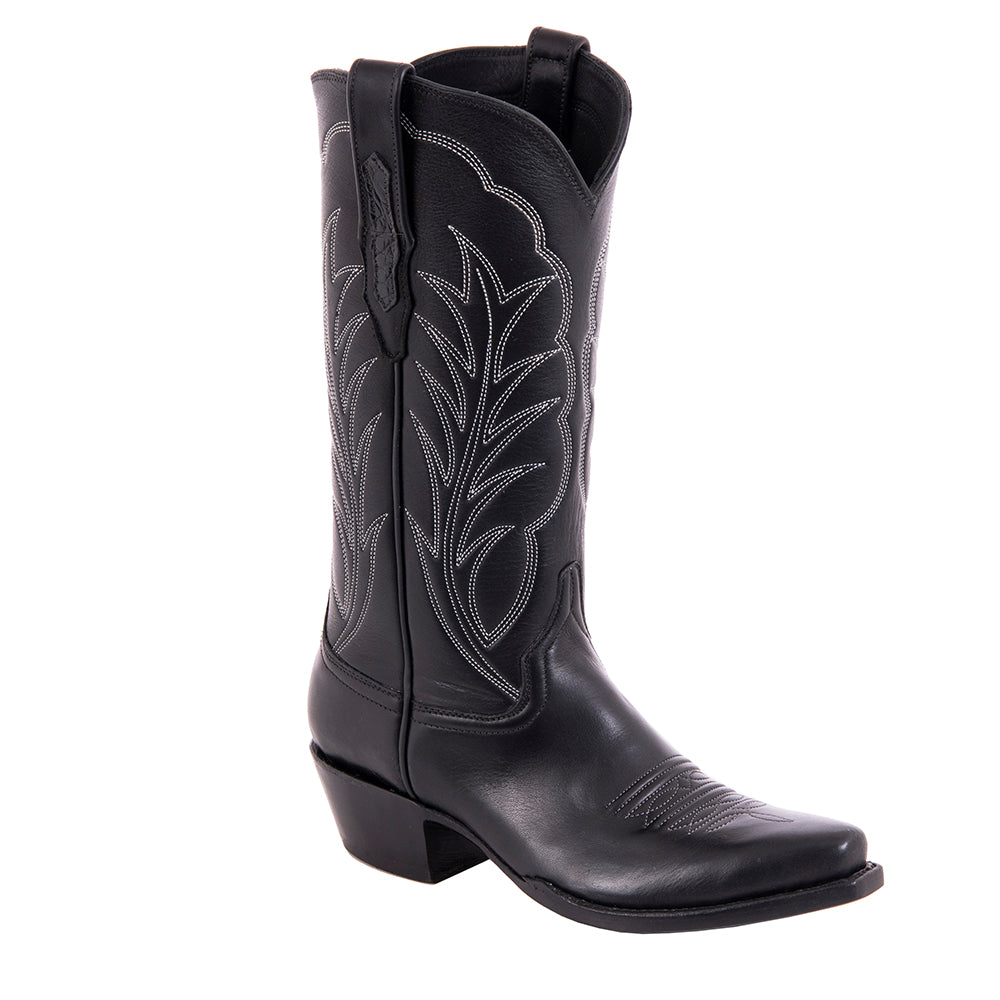 LADIES 13-2 BLACK ANILINE W/LIGHT BLUE WINN STITCH TOE BUG COWBOY BOOT