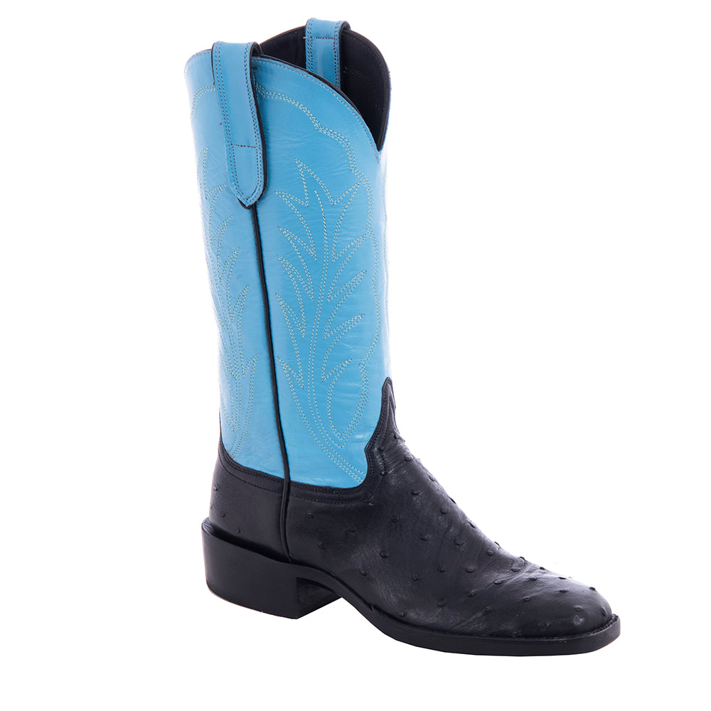 Ladies Black FQ Ostrich Blue Kidskin Top Winn Stitch Cowboy Boot with Heavy Sole and Spur Lip