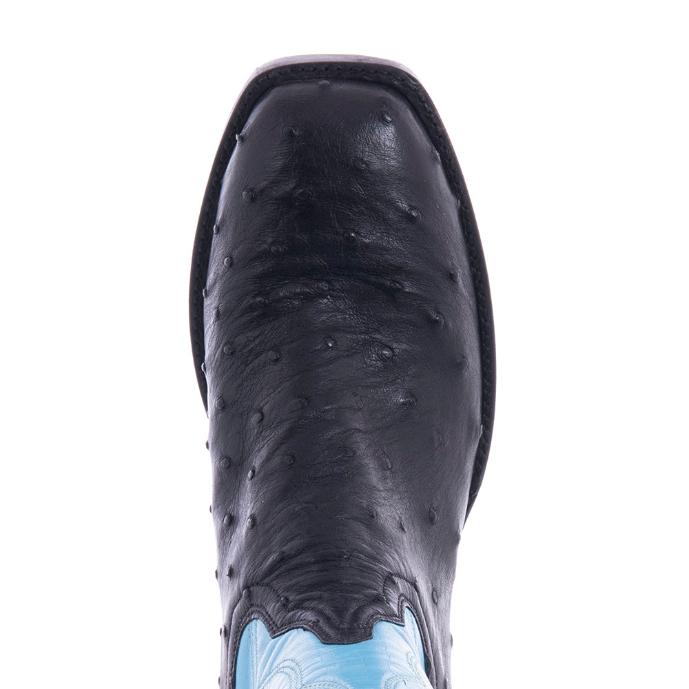 Ladies Black FQ Ostrich Blue Kidskin Top Winn Stitch Cowboy Boot with Heavy Sole and Spur Lip