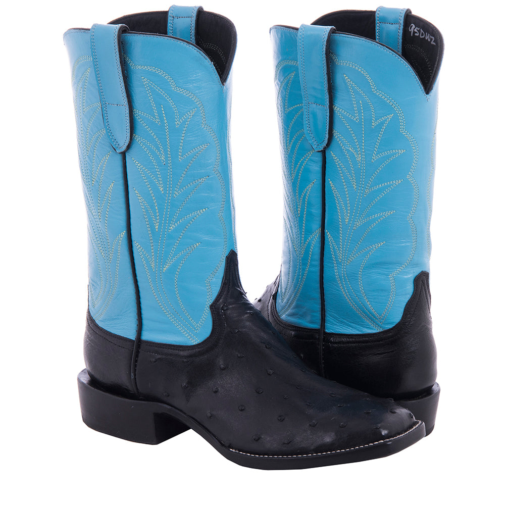 Men's Black FQ Ostrich Blue Kidskin Top Winn Stitch Cowboy Boot with Heavy Sole and Spur Lip