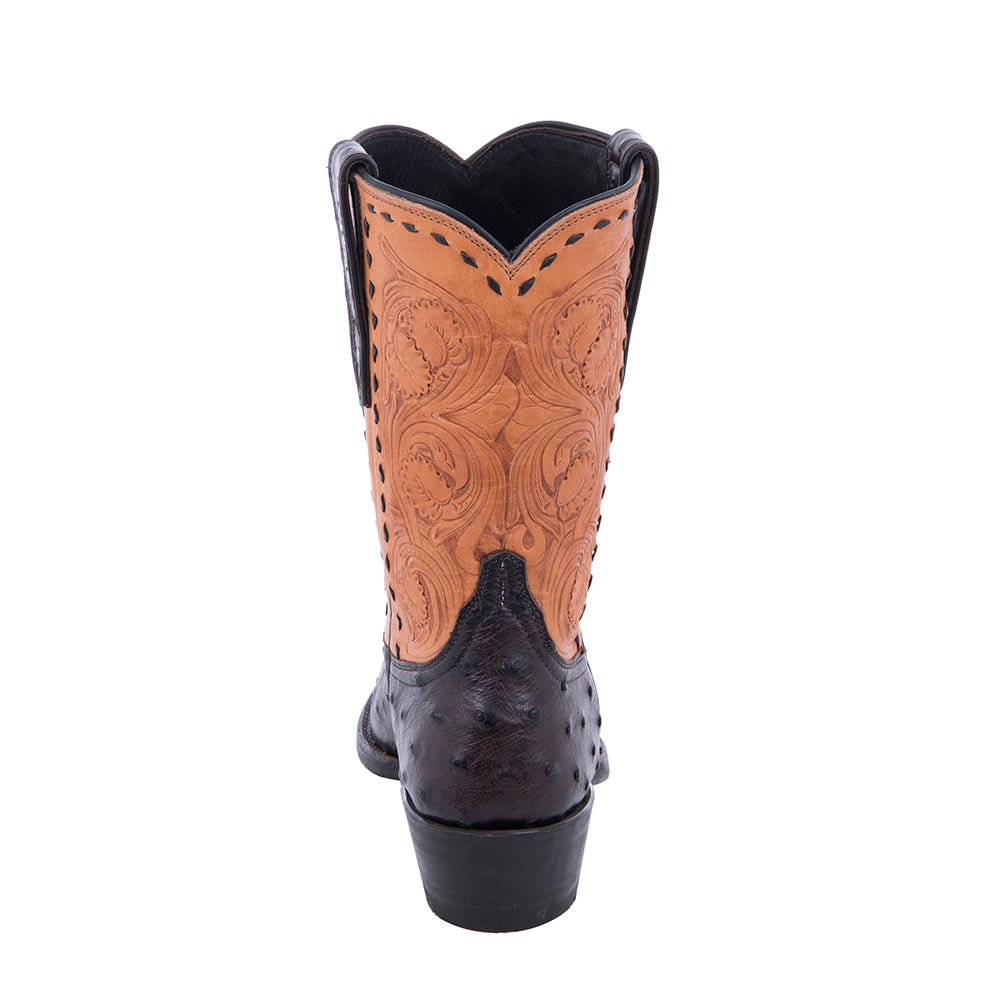 Ladies Cowboy 10" Nicotine FQ Ostrich Natural Tooled Top Half Buckstitch