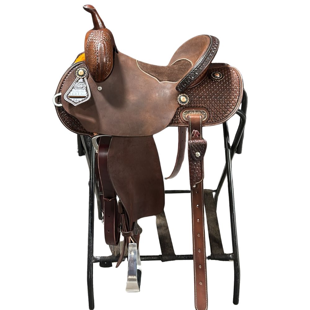 Barrel Saddle - Chocolate Leather, Half Roughout/Smooth, Round Skirt, 1/2 Diamond Waffle Tooling, Flat Inlay
