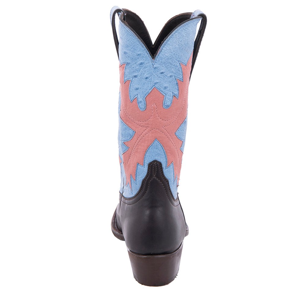 Ladies 11" Chocolate Aniline Indigo Smooth Ostrich Upper Pink Fern Inlay Toe Bug Cowboy Boot