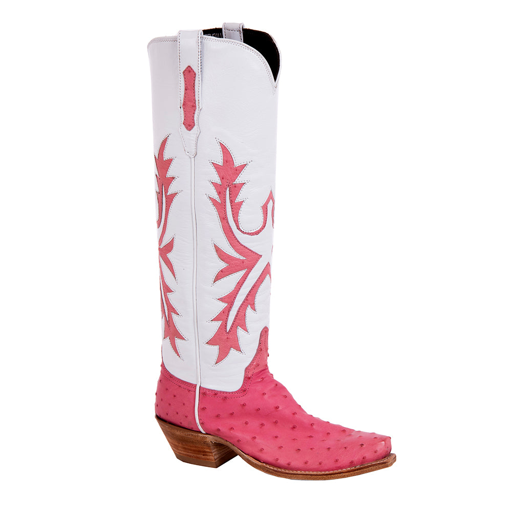 Ladies 17" Cowboy Pink FQ Ostrich/ White Kidskin w/ Old Nugget Pink Smooth Ost Inlay