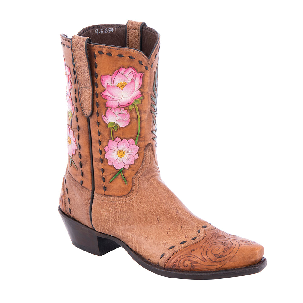 Ladies 10" Cowboy Brandy Smooth Ostrich Antique Brown Full Floral Tooled Upper Full Buckstitch