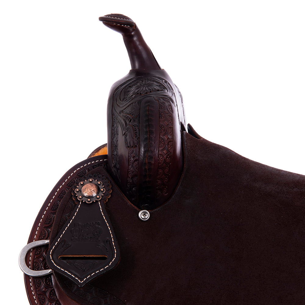 Burns Chocolate SO/RO Barrel Saddle- Round- 1/2 Wyo FC- Deeter Border- Standard Binding
