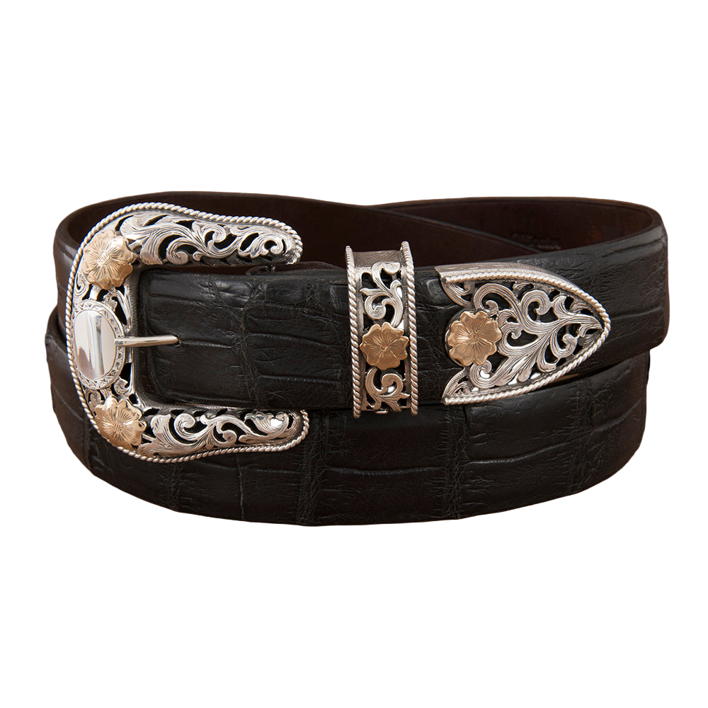 3 PC FILIGREE BUCKLE SET W/ GOLD FLOWERS