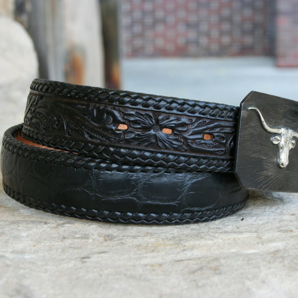 1 1/2" LACED ALLIGATOR BELLY TOOLED BELT