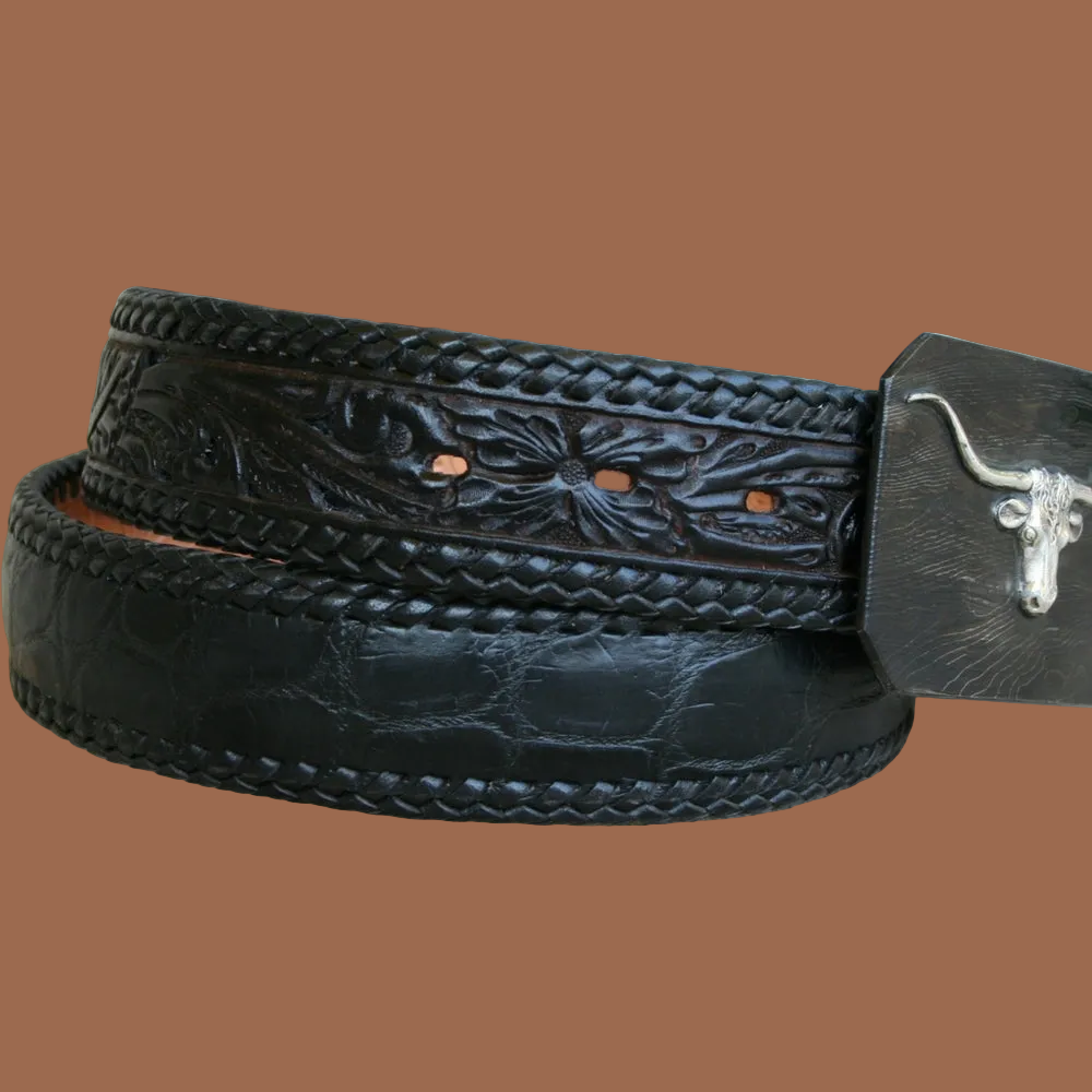 1 1/2" LACED ALLIGATOR BELLY TOOLED BELT