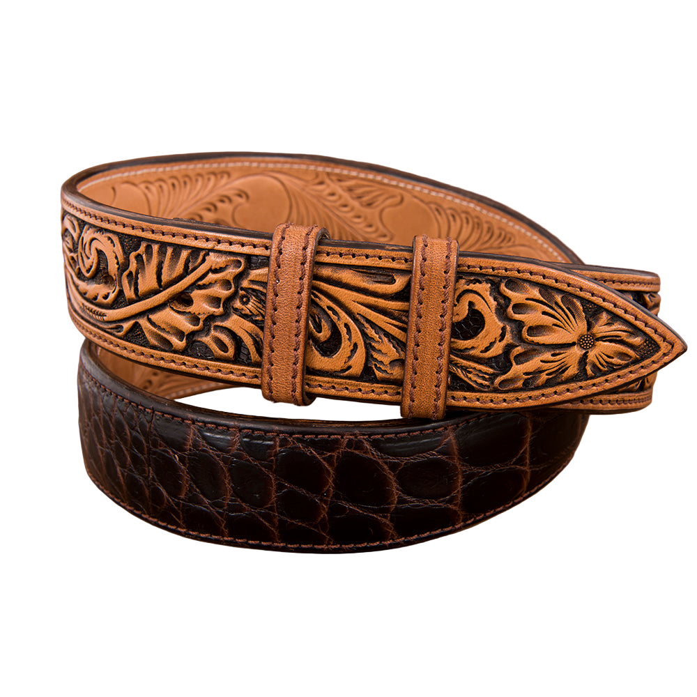 1 1/2" AMERICAN ALLIGATOR CHOCOLATE BELT W/ANTIQUE BROWN BILLETS
