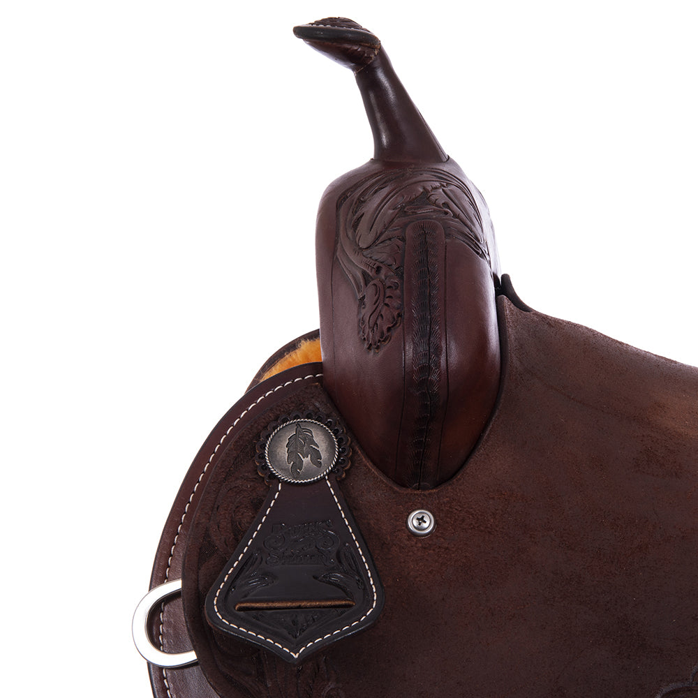Barrel Saddle – Chocolate Smoothout/Roughout, Round Skirt, Buckstitched Feather Floral Corner Tooling