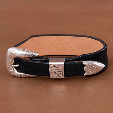 BLACK SMOOTH LEATHER BRACELET WITH STERLING SILVER BUCKLE SET