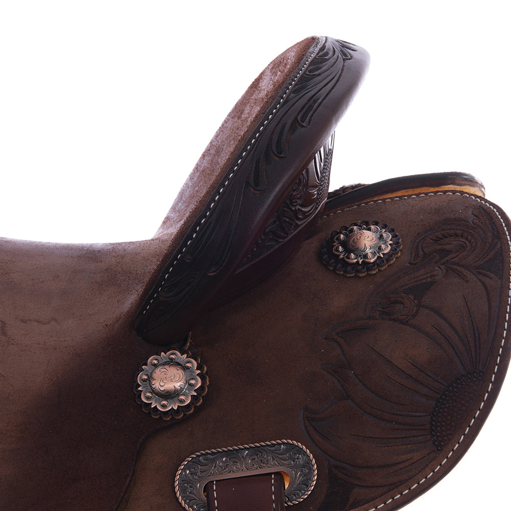 Barrel Saddle – Chocolate Smoothout/Roughout, Round Skirt, Half Sunny Daze Floral Corner Tooling