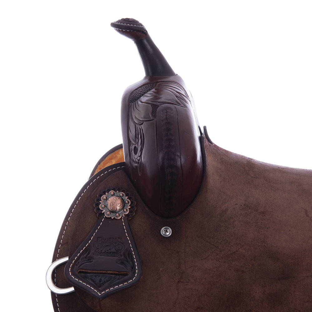 Barrel Saddle – Chocolate Smoothout/Roughout, Round Skirt, Half Sunny Daze Floral Corner Tooling
