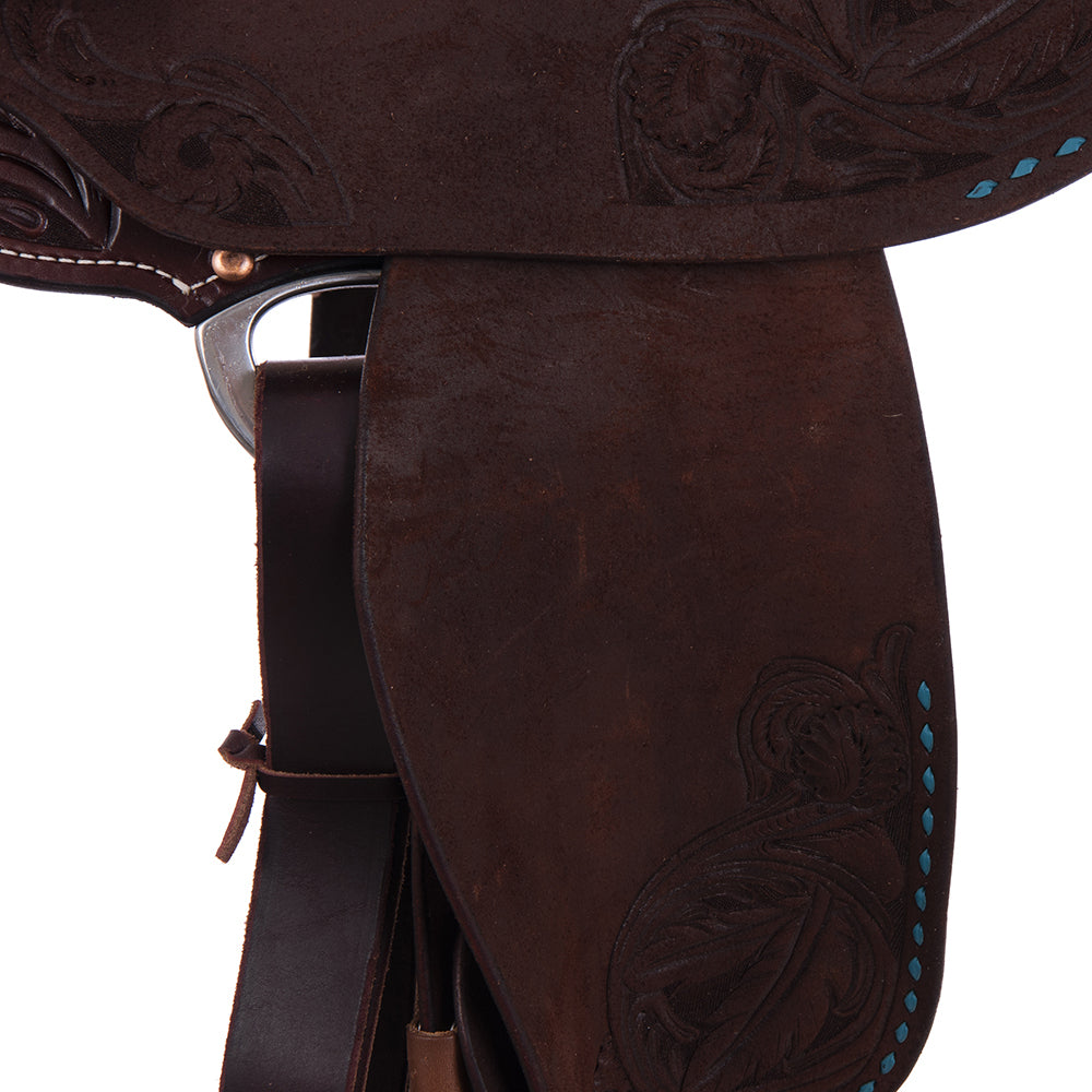 Barrel Saddle – Chocolate Smoothout/Roughout, Round Skirt, Buckstitched Feather Floral Corner Tooling