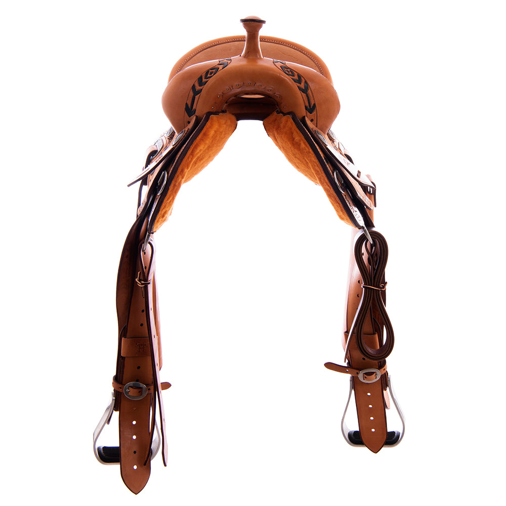 Burns Russet SO/RO Barrel Saddle - Semi Square - Arrow Paint and Border - Standard Binding