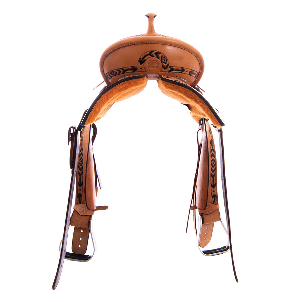 Burns Russet SO/RO Barrel Saddle - Semi Square - Arrow Paint and Border - Standard Binding