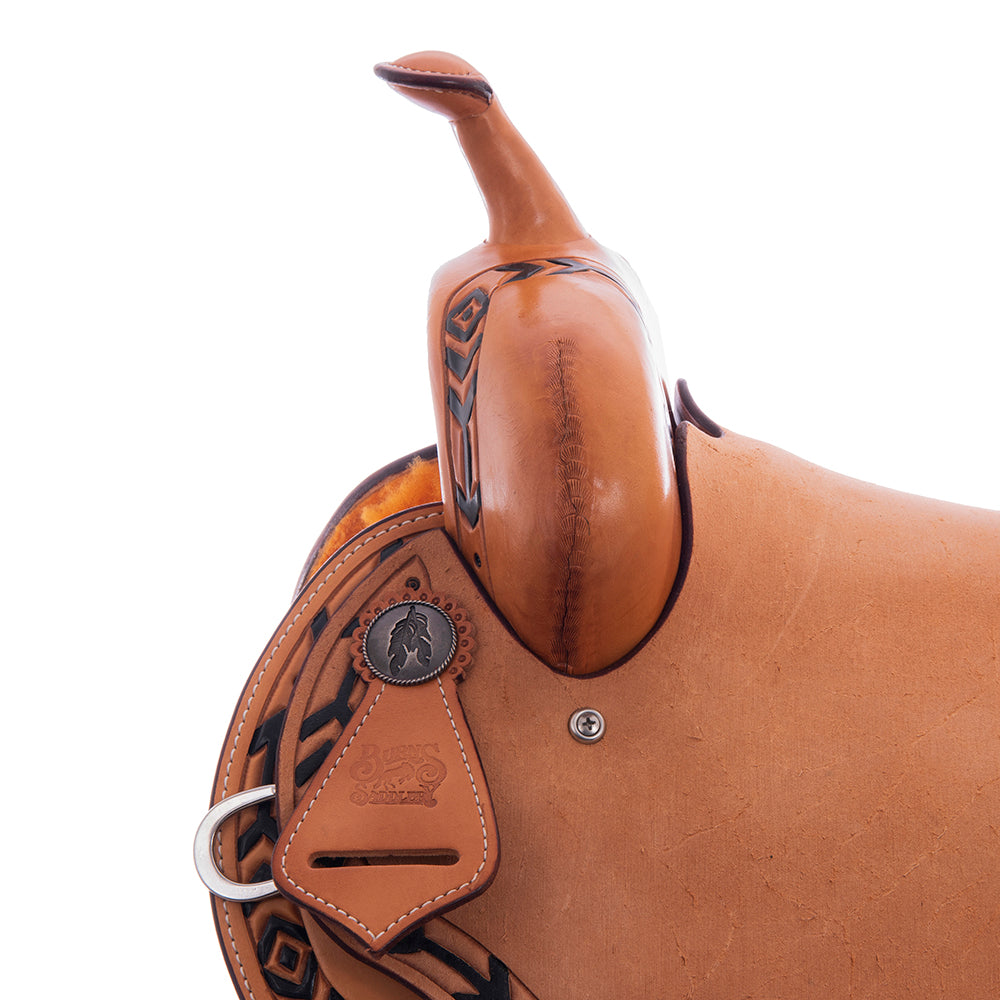 Burns Russet SO/RO Barrel Saddle - Semi Square - Arrow Paint and Border - Standard Binding