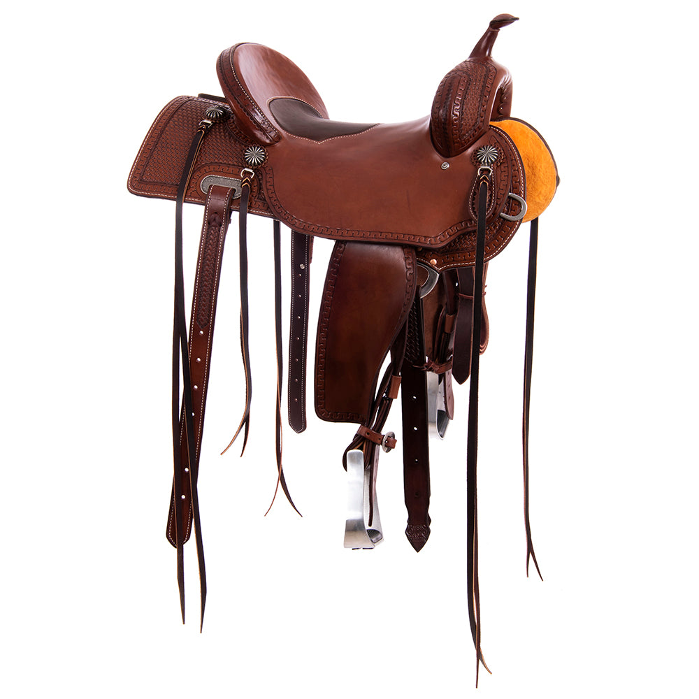 Burns Chocolate SO Trail Saddle - Semi Square - Full Snake Border 1/2 Basket - Chocolate Suede Inla