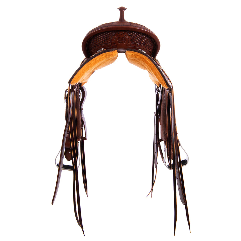 Burns Chocolate SO Trail Saddle - Semi Square - Full Snake Border 1/2 Basket - Chocolate Suede Inla