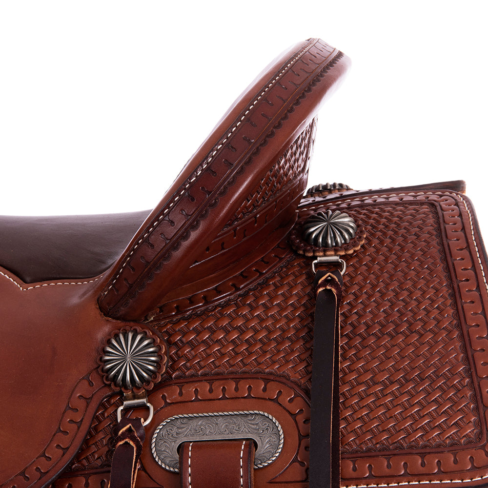 Burns Chocolate SO Trail Saddle - Semi Square - Full Snake Border 1/2 Basket - Chocolate Suede Inla