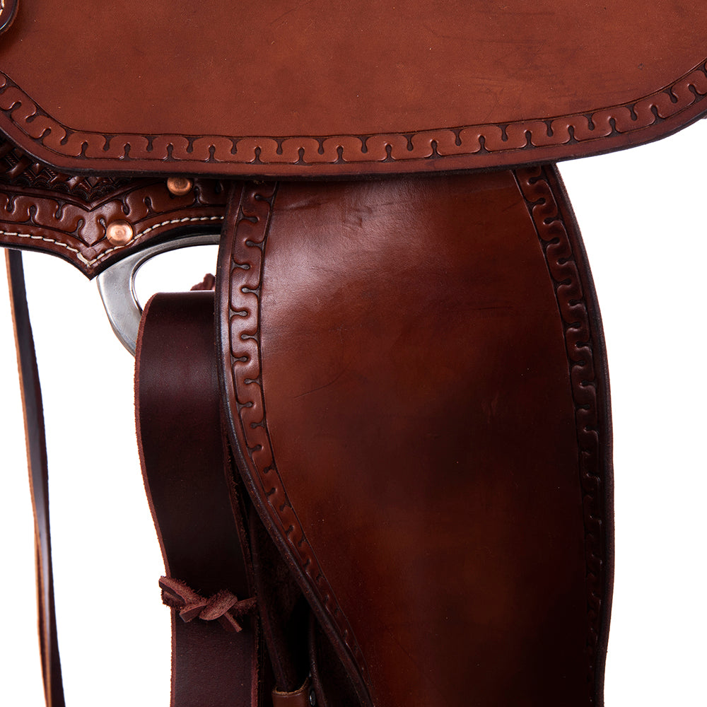 Burns Chocolate SO Trail Saddle - Semi Square - Full Snake Border 1/2 Basket - Chocolate Suede Inla
