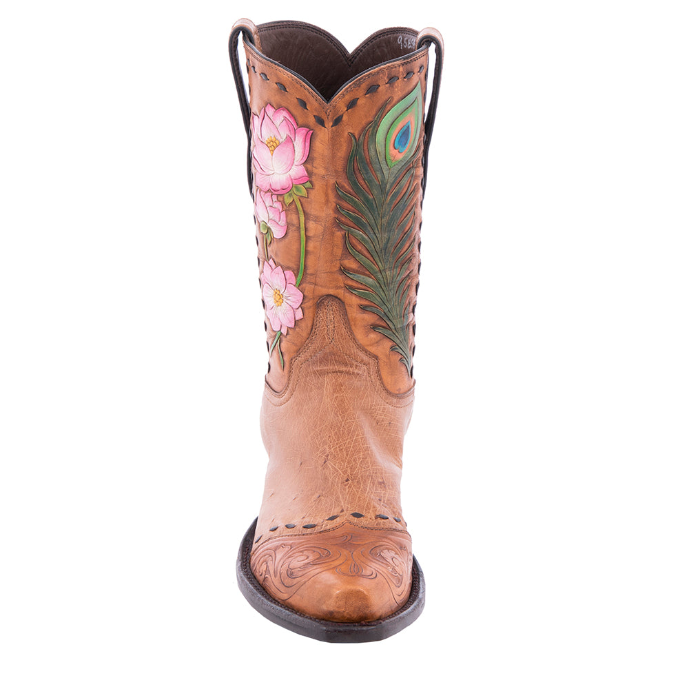 Ladies 10" Cowboy Brandy Smooth Ostrich Antique Brown Full Floral Tooled Upper Full Buckstitch