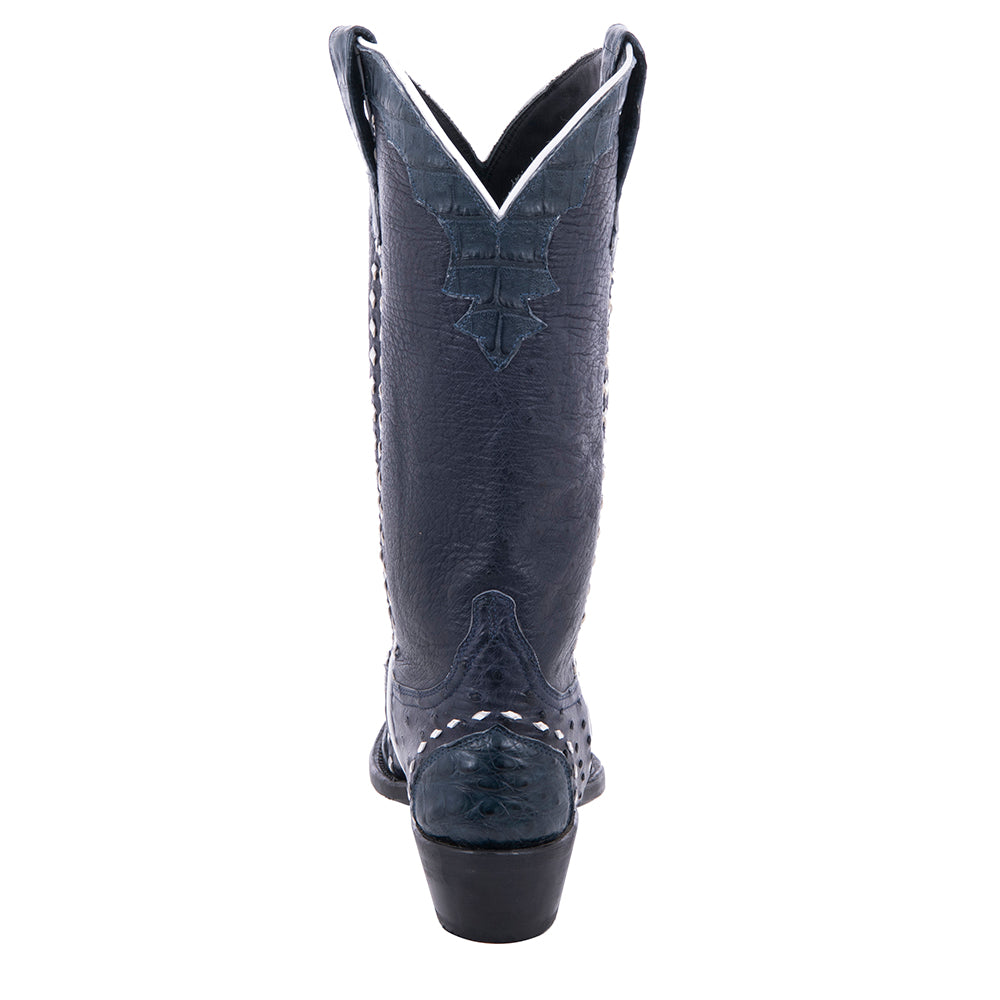 Ladies Cowboy 13" Navy FQ Ostrich w/Navy Caiman WT-HF Collar White Buckstitch