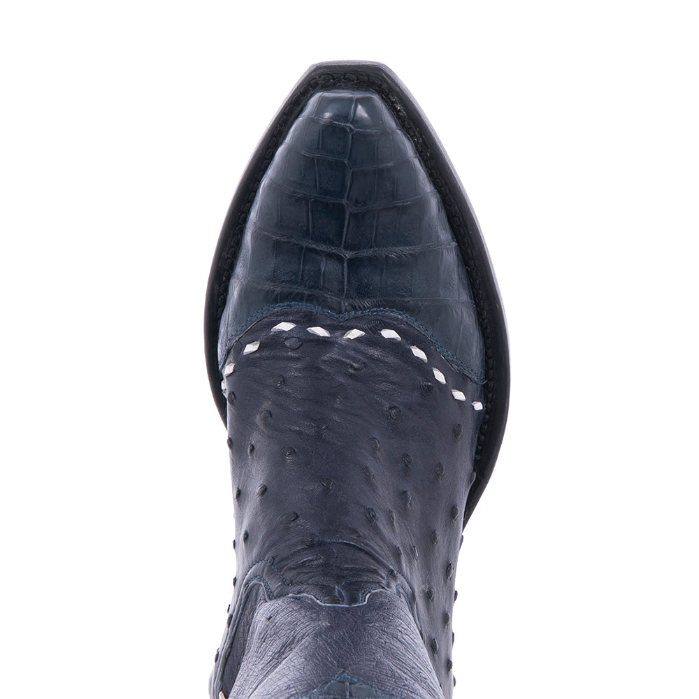 Ladies Cowboy 13" Navy FQ Ostrich w/Navy Caiman WT-HF Collar White Buckstitch