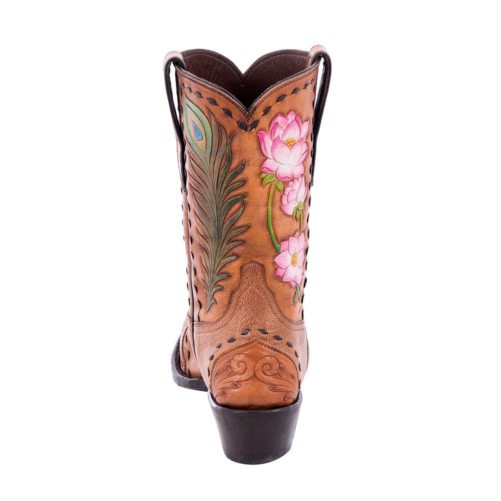 Ladies 10" Cowboy Brandy Smooth Ostrich Antique Brown Full Floral Tooled Upper Full Buckstitch