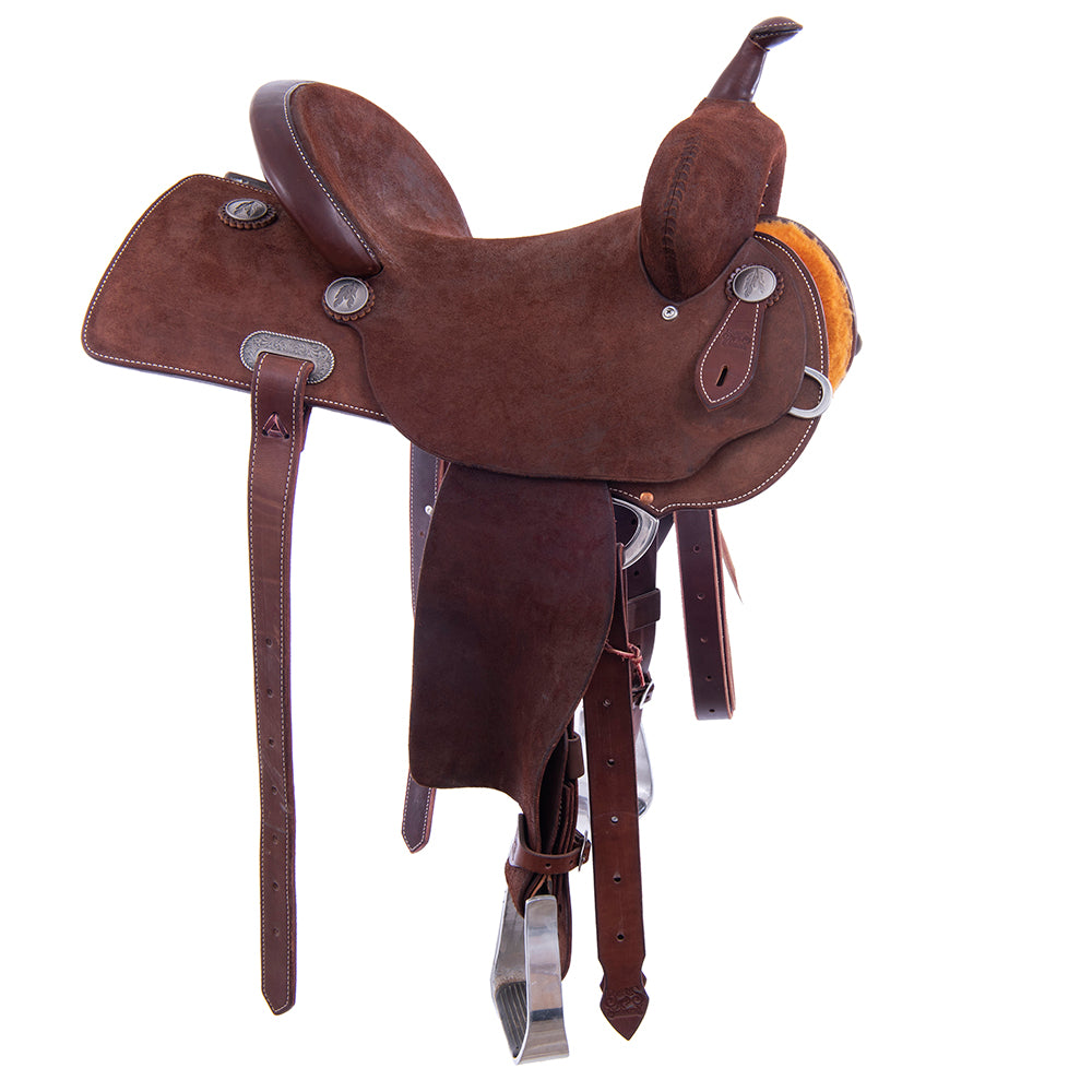 Chocolate Roughout Barrel Saddle- Semi Square Skirts, Cheyene Roll, Hard Seat