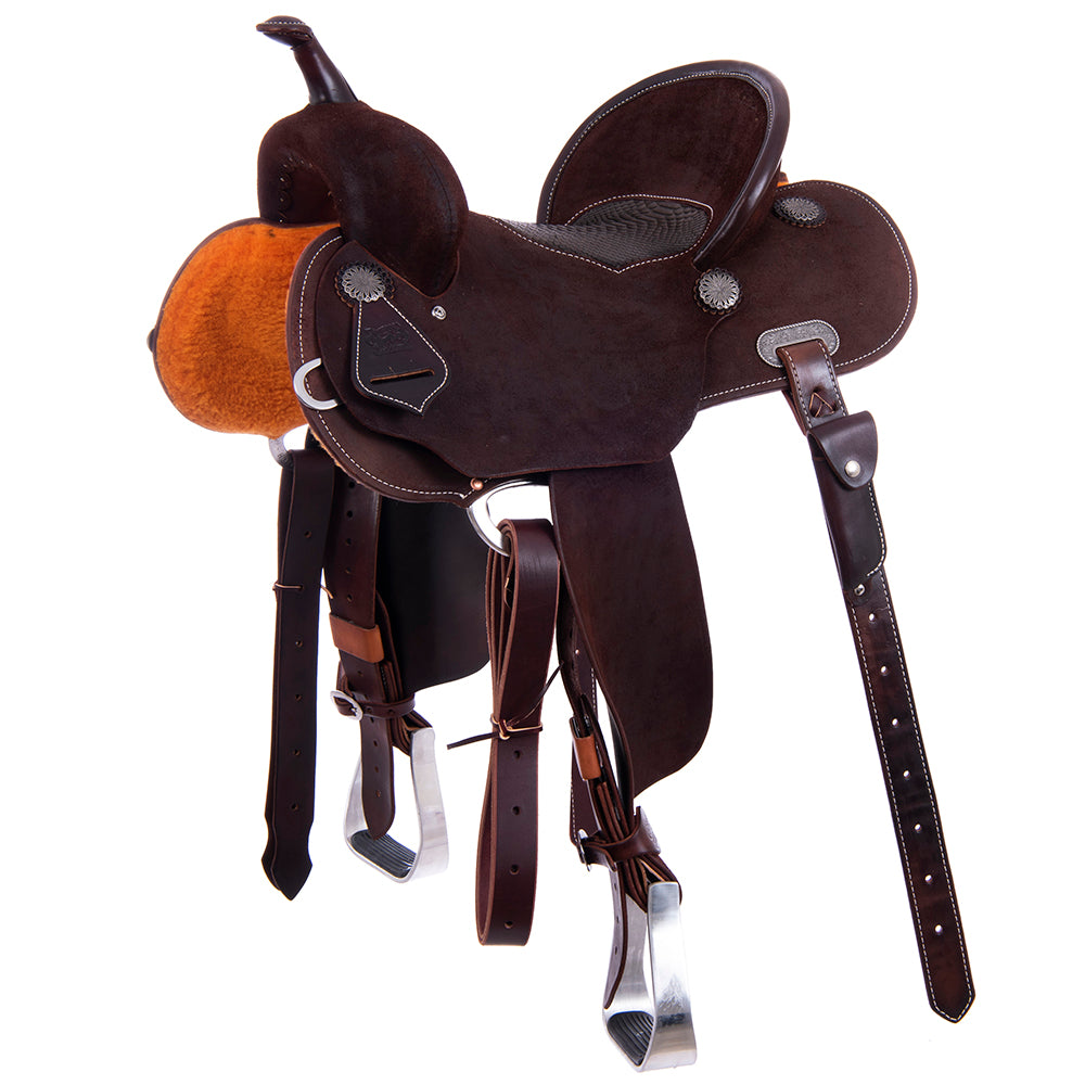 Barrel Saddle – Chocolate Roughout, Round Skirt, Pencil Roll Cantle, Chocolate Python Inlay