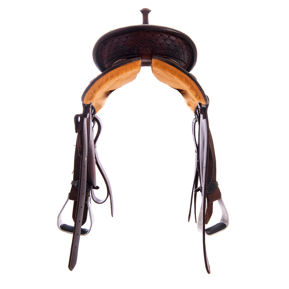 1/2 Smooth Chocolate 1/2 Chocolate Roughout Barrel Saddle- Round Skirts, 1/2 Old World