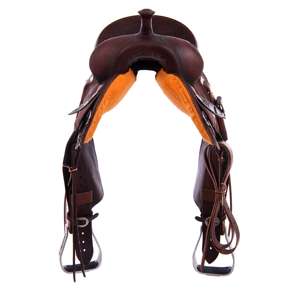 Chocolate 1/8 Smooth 7/8 Roughout Barrel Saddle- Round Skirts, Beadline Border, Cheyenne- Chocolate Roughout Inlay