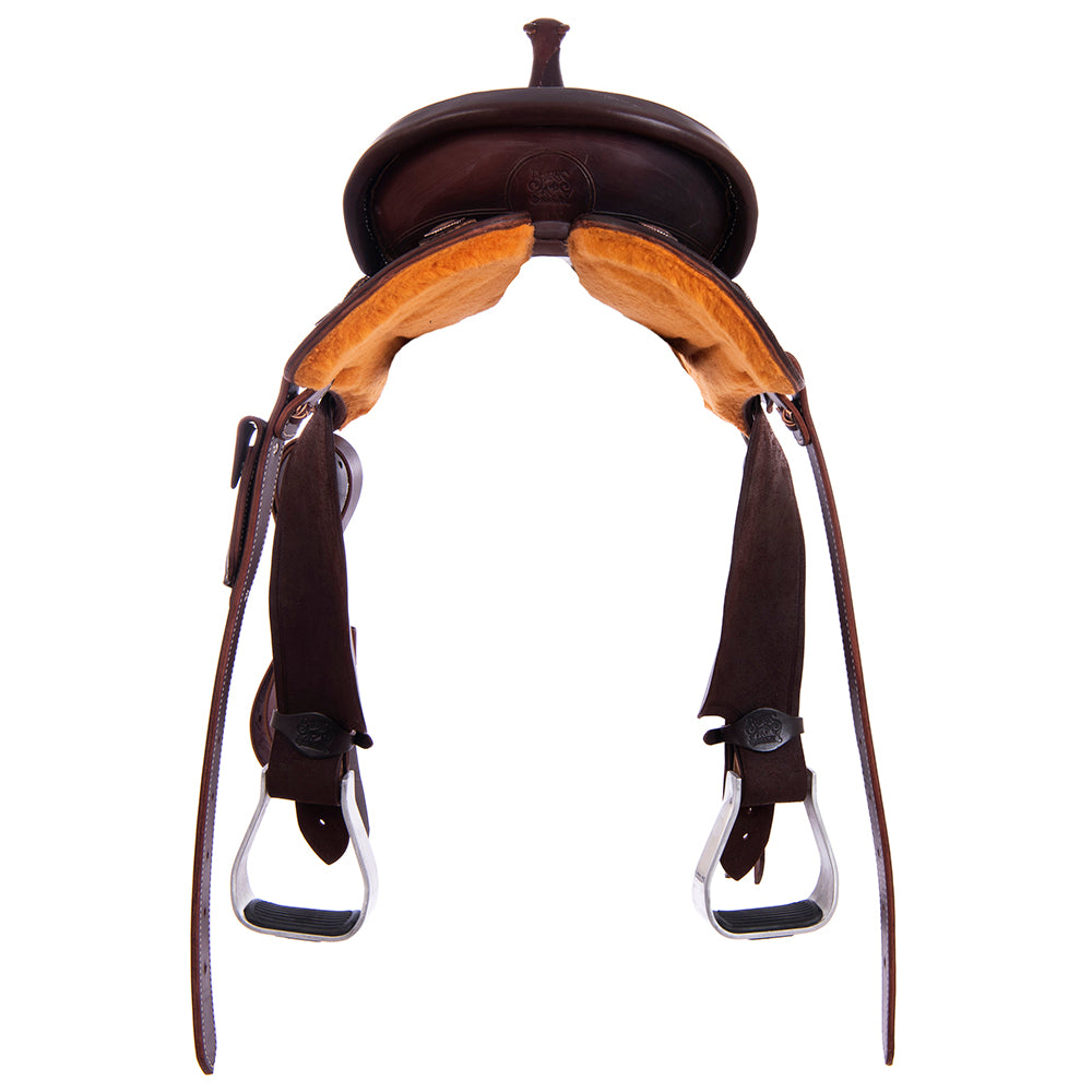 Chocolate 1/8 Smooth 7/8 Roughout Barrel Saddle- Round Skirts, Beadline Border, Cheyenne- Chocolate Roughout Inlay