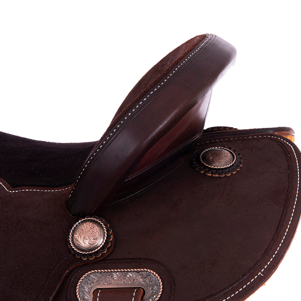 Chocolate 1/8 Smooth 7/8 Roughout Barrel Saddle- Round Skirts, Beadline Border, Cheyenne- Chocolate Roughout Inlay