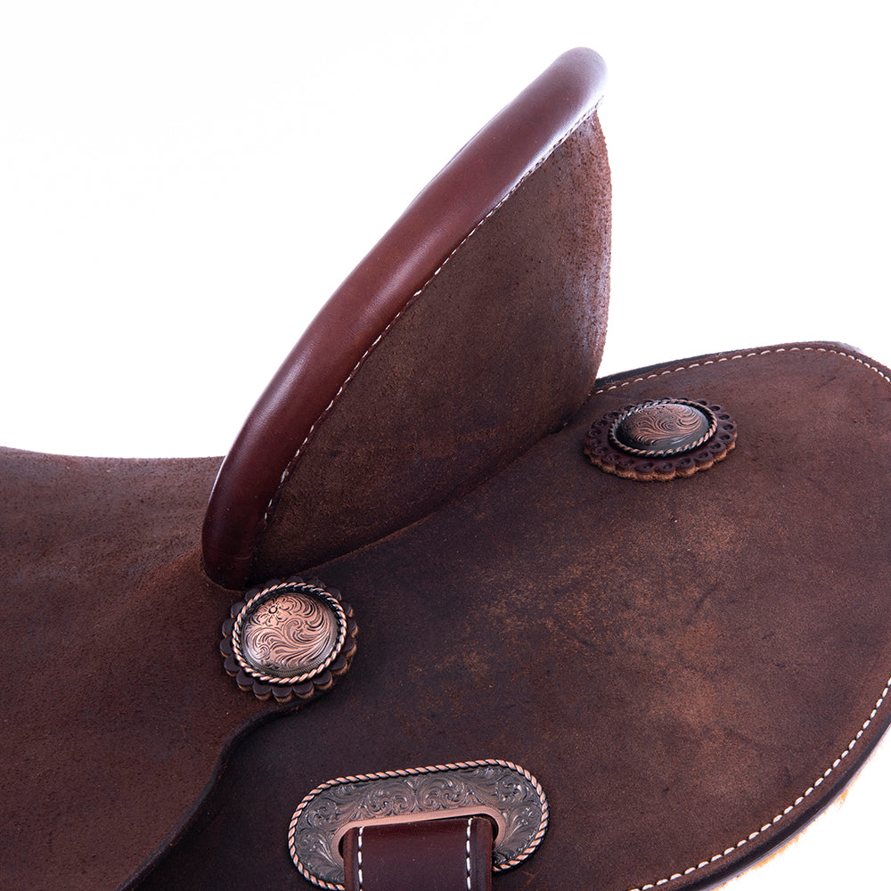 CHOCOLATE ROUGHOUT BARREL SADDLE - ROUND SKIRTS, NO TOOLING, PENCIL ROLL