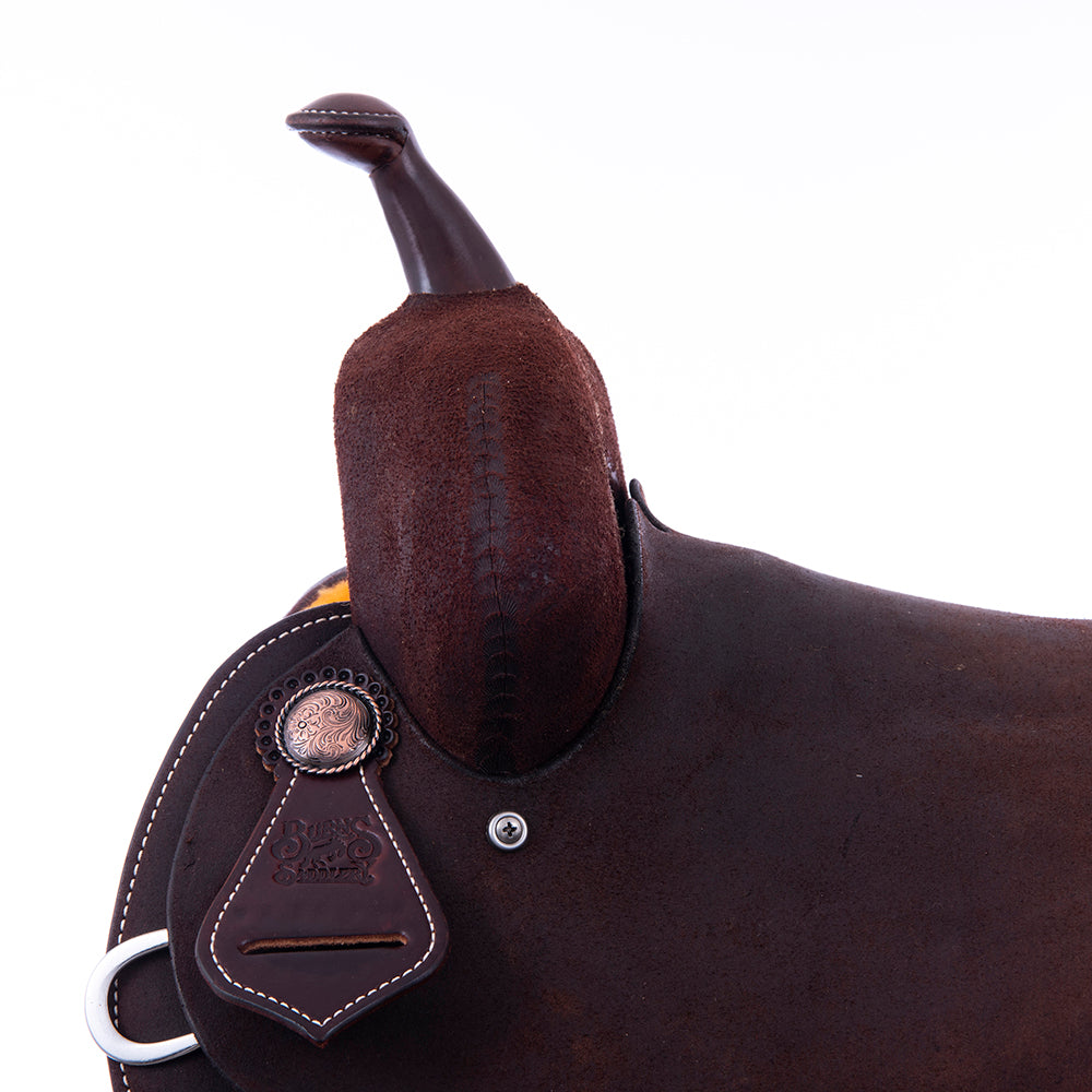 FULL CHOCOLATE ROUGHOUT BARREL SADDLE - ROUND SKIRTS STANDARD BINDING NO TOOLING