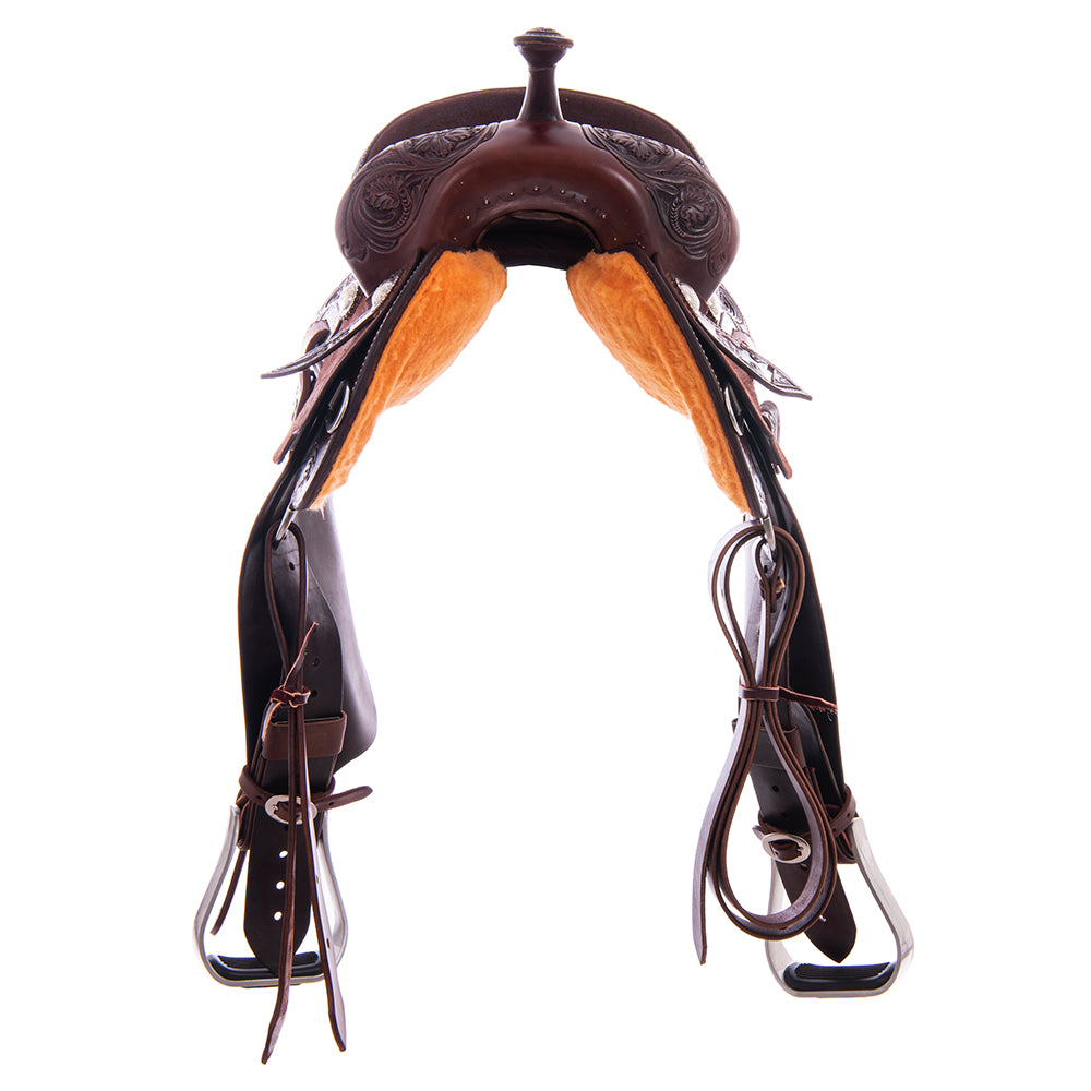 1/2 Smooth Chocolate 1/2 Chocolate Roughout Barrel Saddle- Round 1/2 Wyo Floral