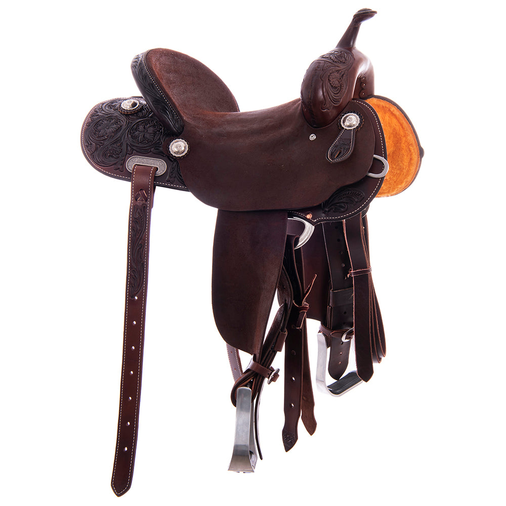 1/2 Smooth Chocolate 1/2 Chocolate Roughout Barrel Saddle- Round 1/2 Wyo Floral