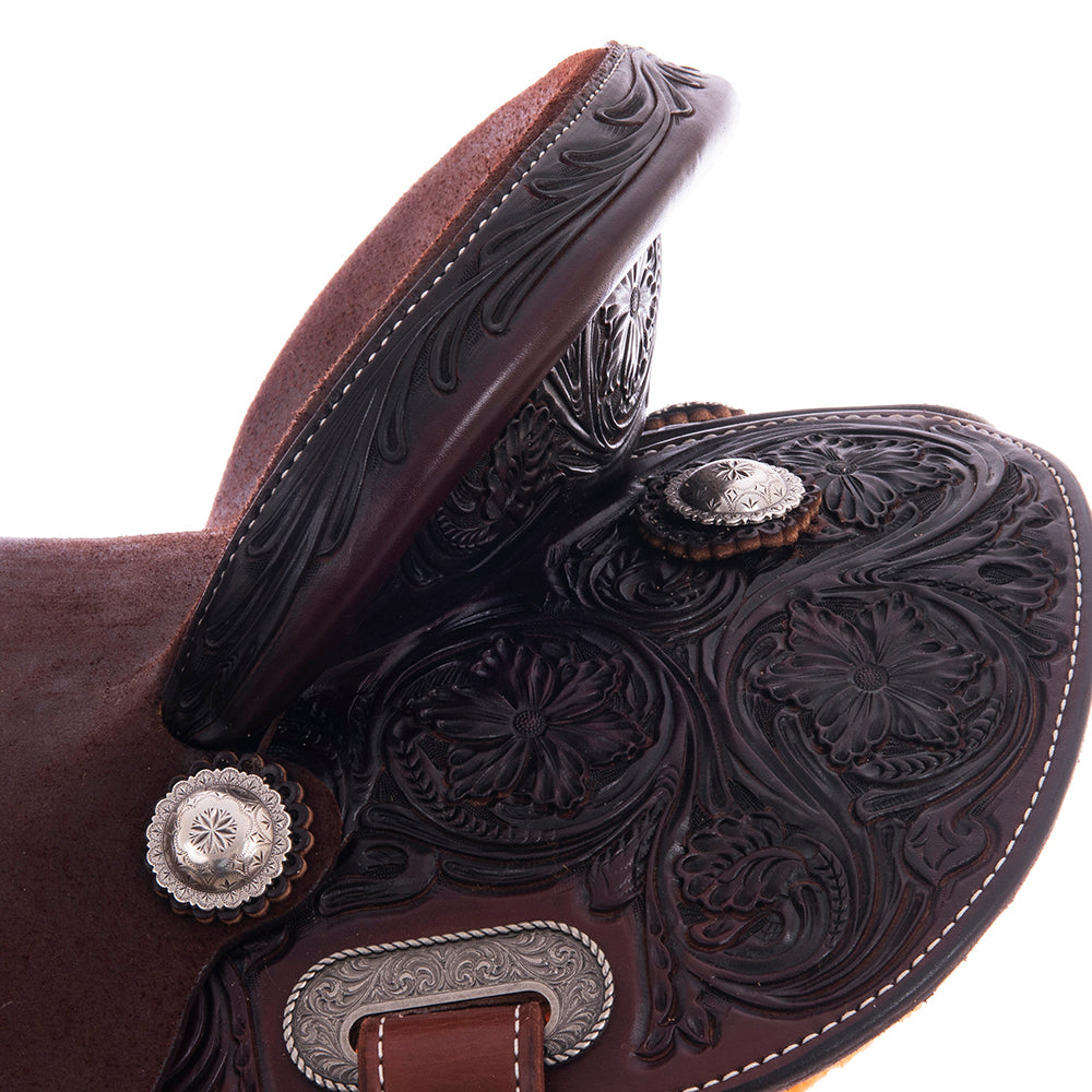 1/2 Smooth Chocolate 1/2 Chocolate Roughout Barrel Saddle- Round 1/2 Wyo Floral