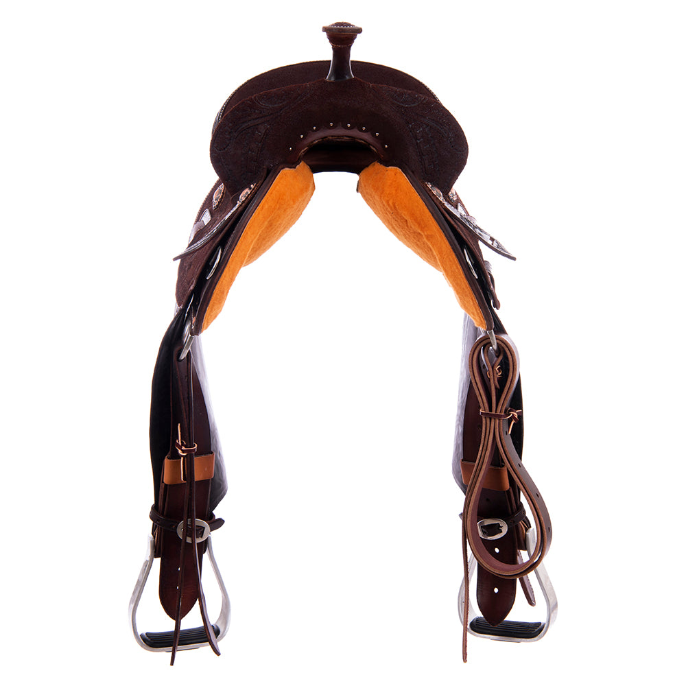 Chocolate Roughout Barrel Saddle- Round Skirts, Deluxe Snake Border Sunny D Corners, Cheyenne