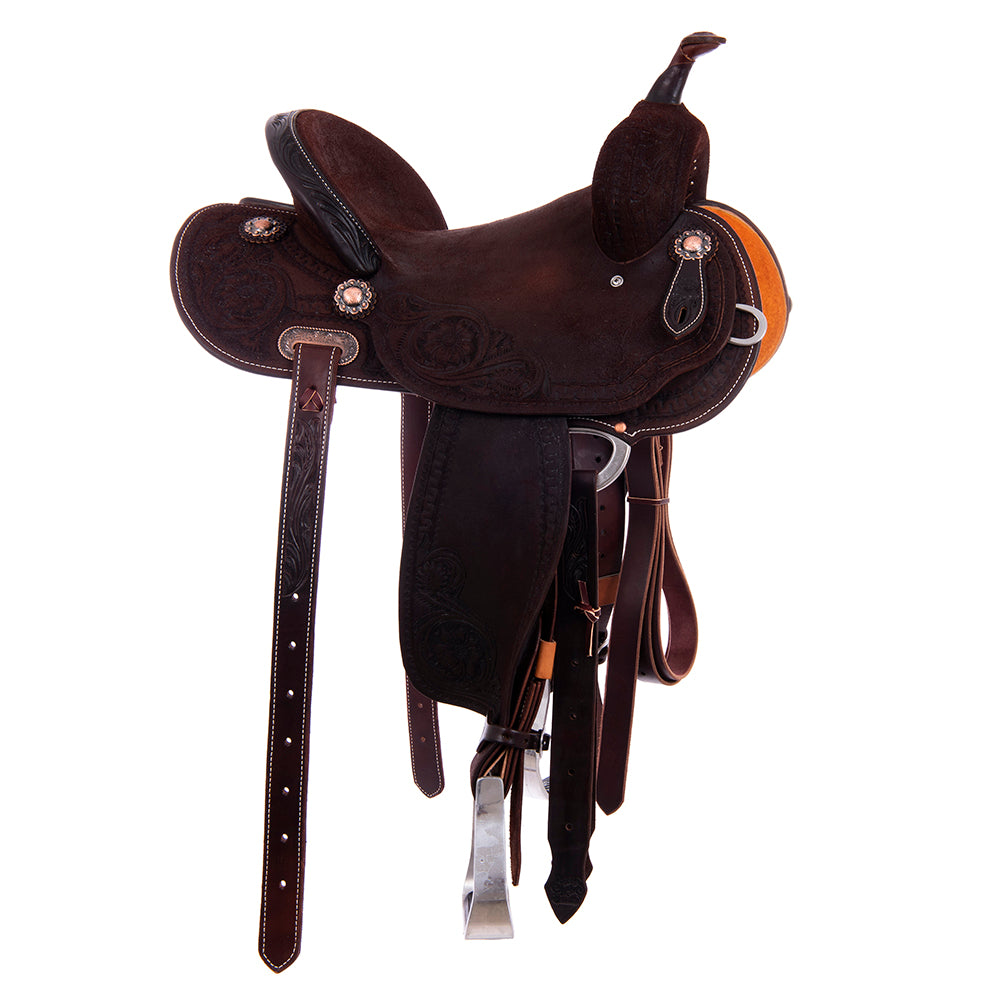 Chocolate Roughout Barrel Saddle- Round Skirts, Deluxe Snake Border Sunny D Corners, Cheyenne