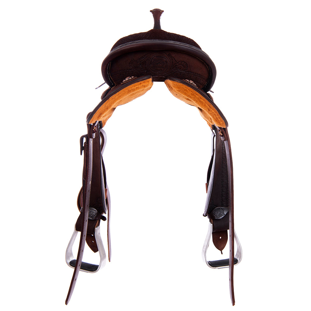 Chocolate Roughout Barrel Saddle- Round Skirts, Deluxe Snake Border Sunny D Corners, Cheyenne